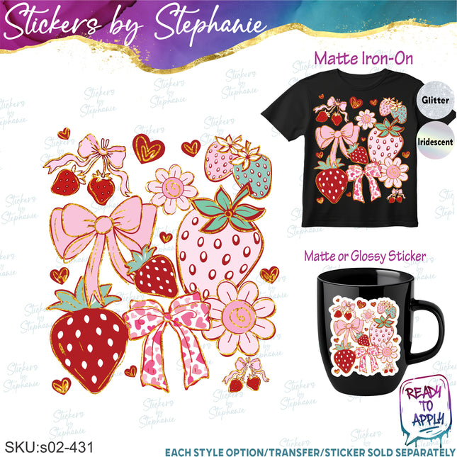 (s02-431) Strawberry Coquette Illustrated Graphic Iron-On Transfer or Sticker