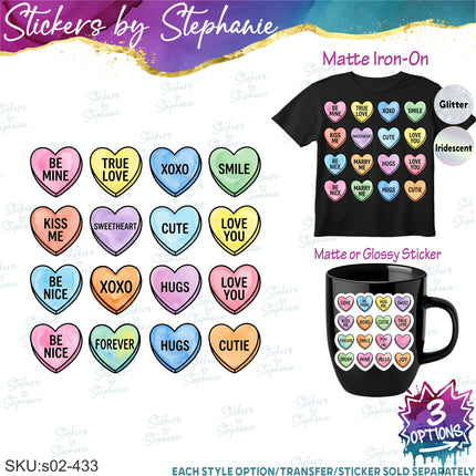 (s02-433) Candy Hearts Sweets Set Iron-On Transfer or Sticker