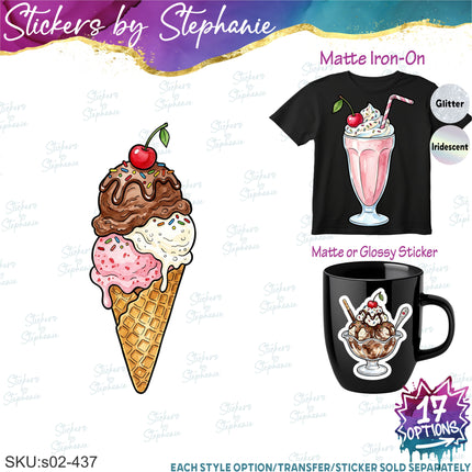 (s02-437) Ice Cream Cone Sundae Milkshake Graphic Iron-On Transfer or Sticker