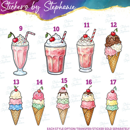 (s02-437) Ice Cream Cone Sundae Milkshake Graphic Iron-On Transfer or Sticker