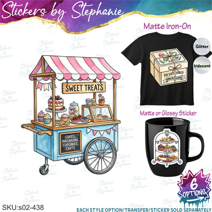 (s02-438) Pastry Desert Cart Stand Graphic Iron-On Transfer or Sticker