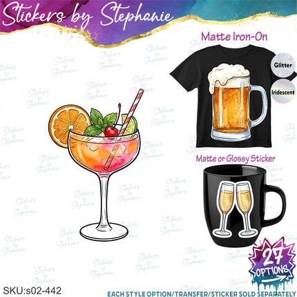 (s02-442) Alcohol Drinks Graphic Iron-On Transfer or Sticker