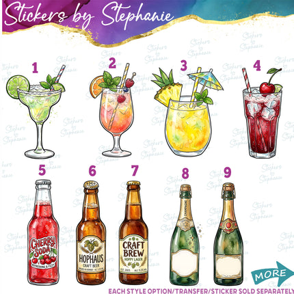 (s02-442) Alcohol Drinks Graphic Iron-On Transfer or Sticker