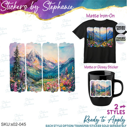 (s02-045) Mountains Brushstroke Landscape Watercolor Graphic Iron-On Transfer or Sticker