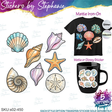 (s02-450) Seashell Sea Shells Set Iron-On Transfer or Sticker