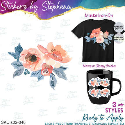 (s02-046) Peach Blue Flowers Graphic Iron-On Transfer or Sticker