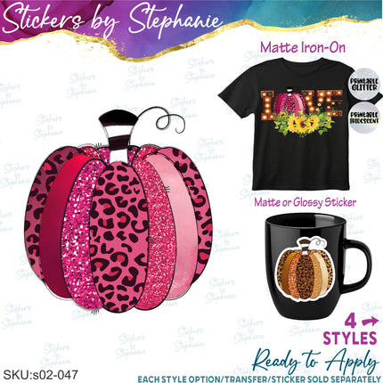 (s02-047) Pink Brown Leopard Pumpkin Sunflowers Graphic Iron-On Transfer or Sticker
