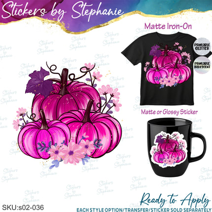 (s02-048) Pink Pumpkins Flowers Graphic Iron-On Transfer or Sticker