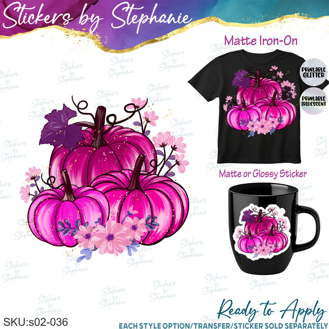 (s02-048) Pink Pumpkins Flowers Graphic Iron-On Transfer or Sticker