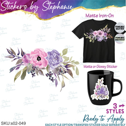 (s02-049) Pink Purple Flowers Graphic Iron-On Transfer or Sticker