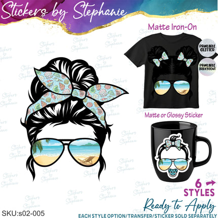 (s02-005) Messy Bun Family Beach Sunglasses Graphic Iron-On Transfer or Sticker