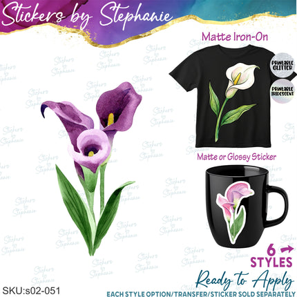 (s02-051) Purple Calla Lily Lillies Flowers Graphic Iron-On Transfer or Sticker