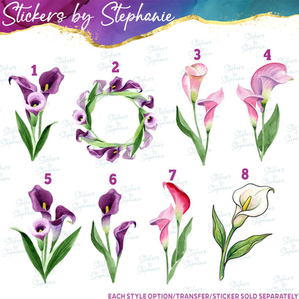 (s02-051) Purple Calla Lily Lillies Flowers Graphic Iron-On Transfer or Sticker
