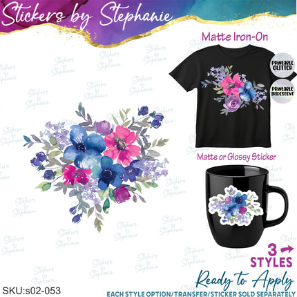 (s02-053) Blue Pink Magenta Flowers Graphic Iron-On Transfer or Sticker