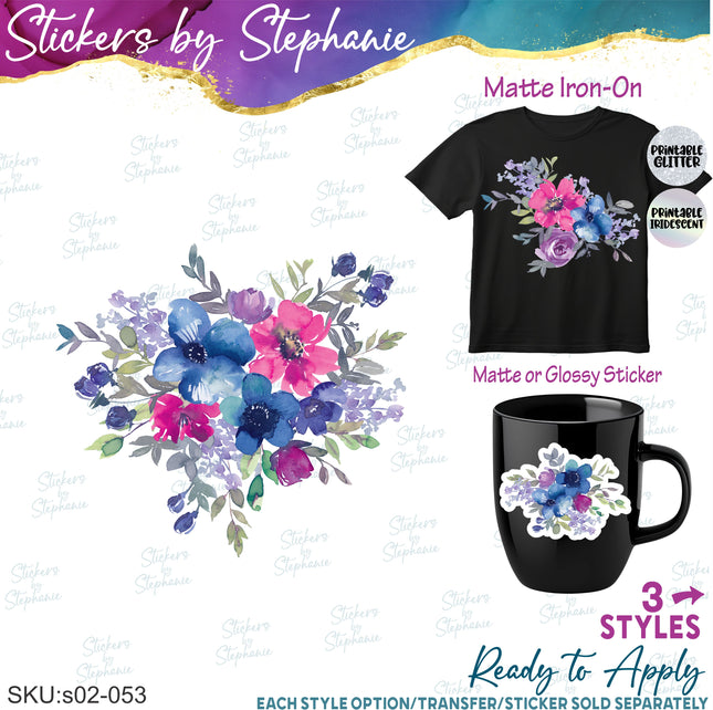 (s02-053) Blue Pink Magenta Flowers Graphic Iron-On Transfer or Sticker