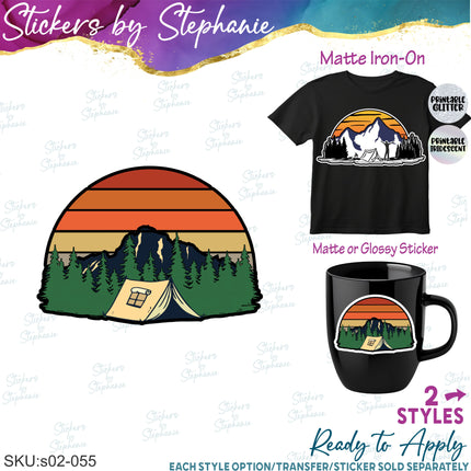 (s02-055) Mountains Tent Camping Illustrated Graphic Iron-On Transfer or Sticker