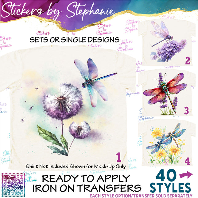 (s02-056) Watercolor Flowers Floral Dragonfly Dragonflies Iron-On Transfer or Sticker