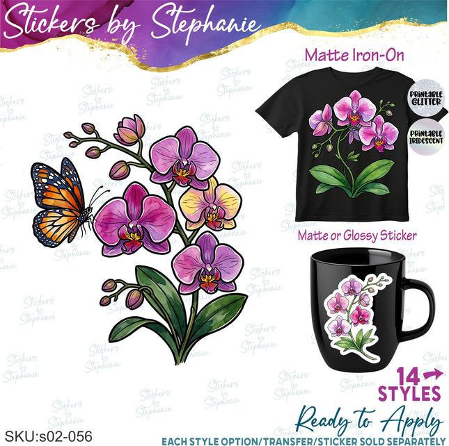 (s02-056) Orchid Watercolor Orchids Pink Purple Graphic Iron-On Transfer or Sticker