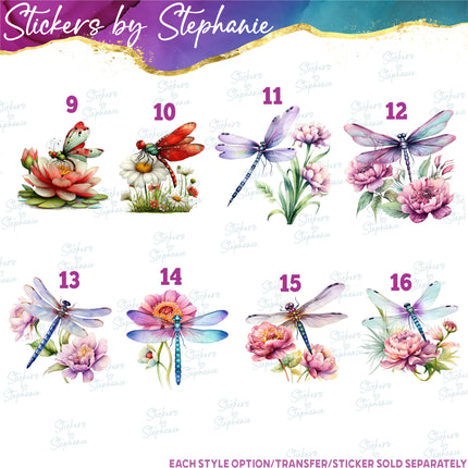 (s02-056) Watercolor Flowers Floral Dragonfly Dragonflies Iron-On Transfer or Sticker