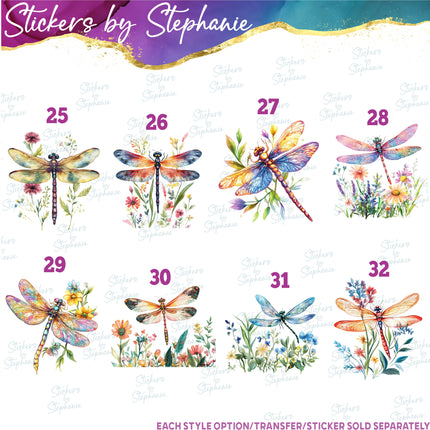 (s02-056) Watercolor Flowers Floral Dragonfly Dragonflies Iron-On Transfer or Sticker
