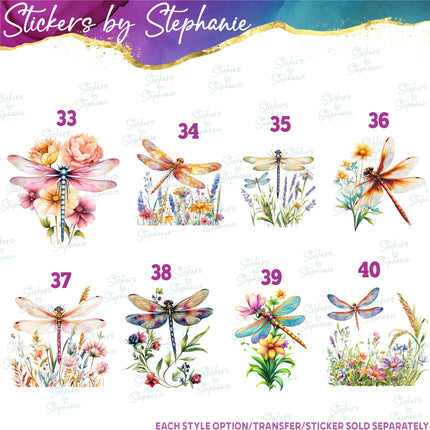 (s02-056) Watercolor Flowers Floral Dragonfly Dragonflies Iron-On Transfer or Sticker