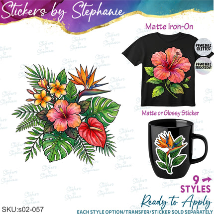 (s02-057) Tropical Flowers Hibiscus Graphic Iron-On Transfer or Sticker