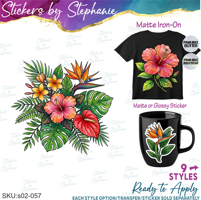 (s02-057) Tropical Flowers Hibiscus Graphic Iron-On Transfer or Sticker