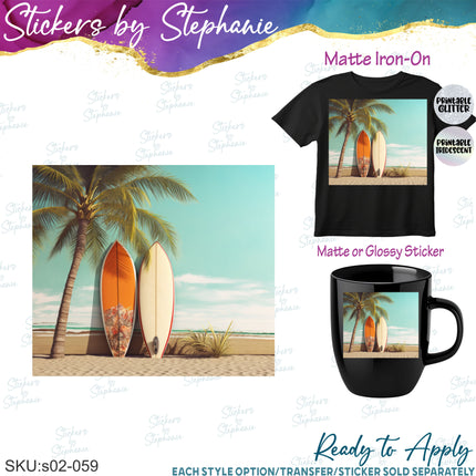 (s02-059) Retro Surfboard Beach Graphic Iron-On Transfer or Sticker