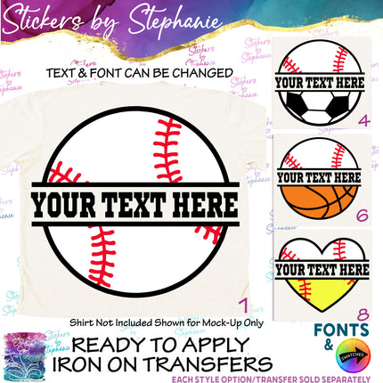 (s06-065) Baseball Split Name Text Custom Iron-On Transfer or Sticker