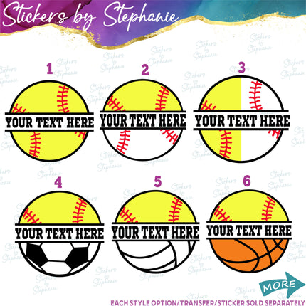 (s06-066) Softball Split Name Text Custom Iron-On Transfer or Sticker