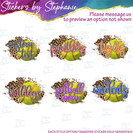 (s06-070) Softball Leopard Team Name Text Custom Iron-On Transfer or Sticker