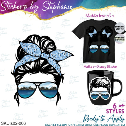 (s02-006) Messy Bun Family Lake Sunglasses Graphic Iron-On Transfer or Sticker or Sticker