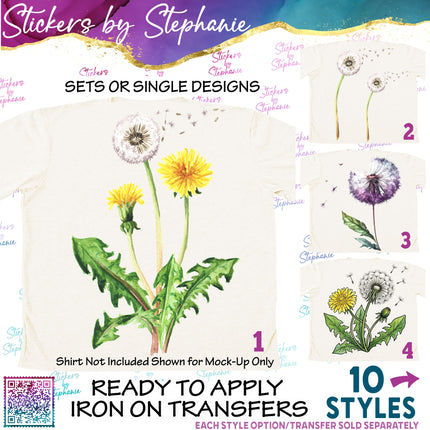 (s02-060) Dandelion Watercolor Dandelions Graphic Iron-On Transfer or Sticker