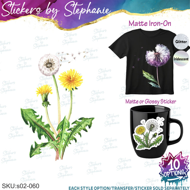 (s02-060) Dandelion Watercolor Dandelions Graphic Iron-On Transfer or Sticker