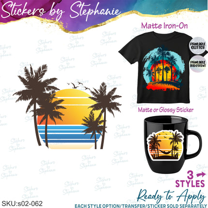 (s02-062) Retro Sunset Beach Graphic Iron-On Transfer or Sticker