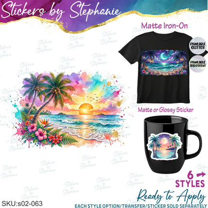 (s02-063) Beach Sunset Night Watercolor Graphic Iron-On Transfer or Sticker