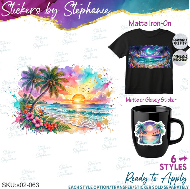 (s02-063) Beach Sunset Night Watercolor Graphic Iron-On Transfer or Sticker