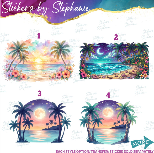 (s02-063) Beach Sunset Night Watercolor Graphic Iron-On Transfer or Sticker