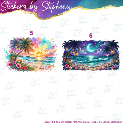 (s02-063) Beach Sunset Night Watercolor Graphic Iron-On Transfer or Sticker