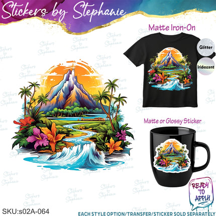 (s02-064) Hawaii Tropical Landscape Graphic Iron-On Transfer or Sticker