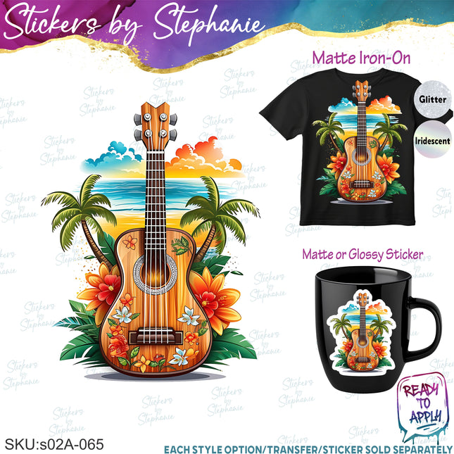 (s02-065) Beach Guitar Tropical Graphic Iron-On Transfer or Sticker