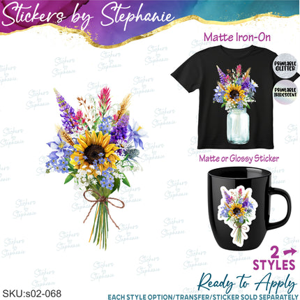 (s02-068) Wildflowers Bouquet Mason Jar Graphic Iron-On Transfer or Sticker