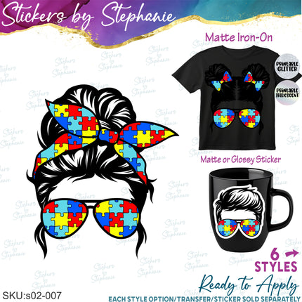 (s02-007) Messy Bun Family Autism Puzzle Print Sunglasses Graphic Iron-On Transfer or Sticker