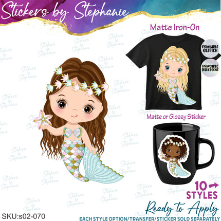 (s02-070) Mermaid Illustrated Graphic Iron-On Transfer or Sticker