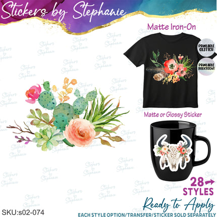 (s02-074) Succulents Cactus Flowers Graphic Iron-On Transfer or Sticker