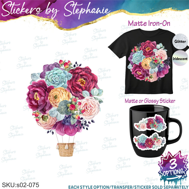 (s02-075) Succulents Flower Bouquet Balloon Graphic Iron-On Transfer or Sticker
