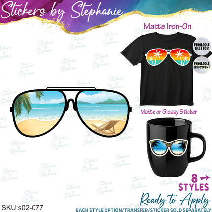 (s02-077) Beach View Reflection Sunglasses Graphic Iron-On Transfer or Sticker