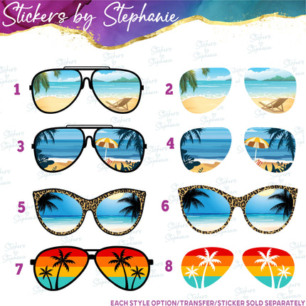 (s02-077) Beach View Reflection Sunglasses Graphic Iron-On Transfer or Sticker
