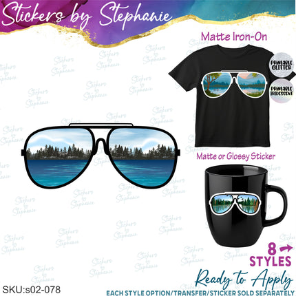 (s02-078) Lake View Reflection Sunglasses Graphic Iron-On Transfer or Sticker