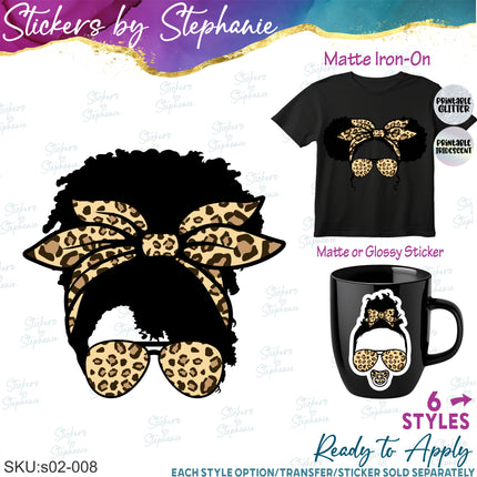 (s02-008) Messy Bun African American Leopard Print Sunglasses Graphic Iron-On Transfer or Sticker